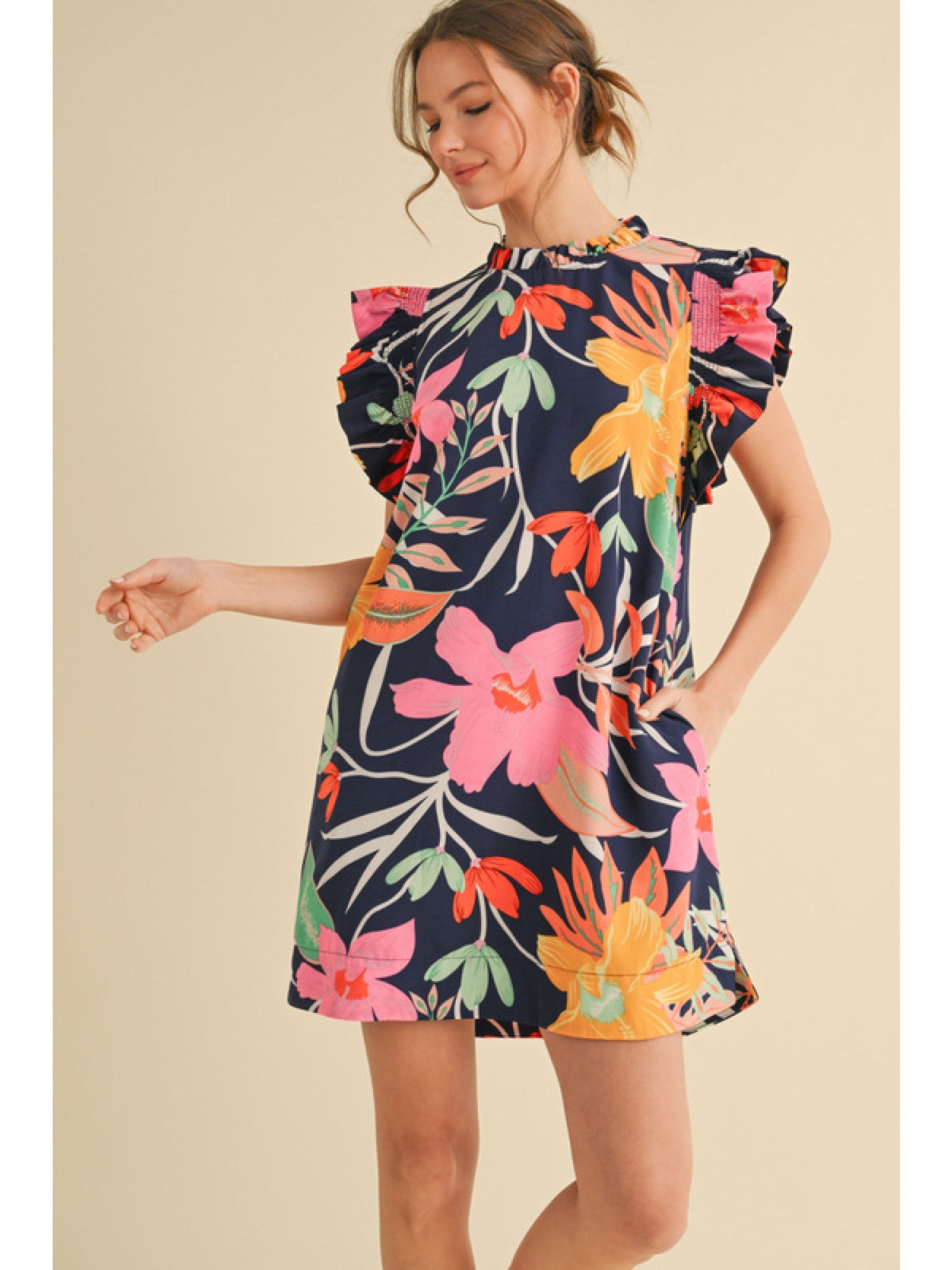 Navy Floral Print Dress