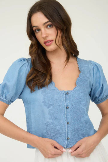 Embroidered Chambray Top