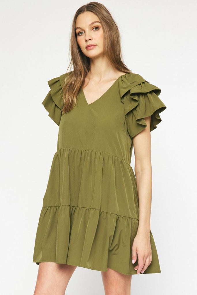 Olive V-Neck Tier Dress
