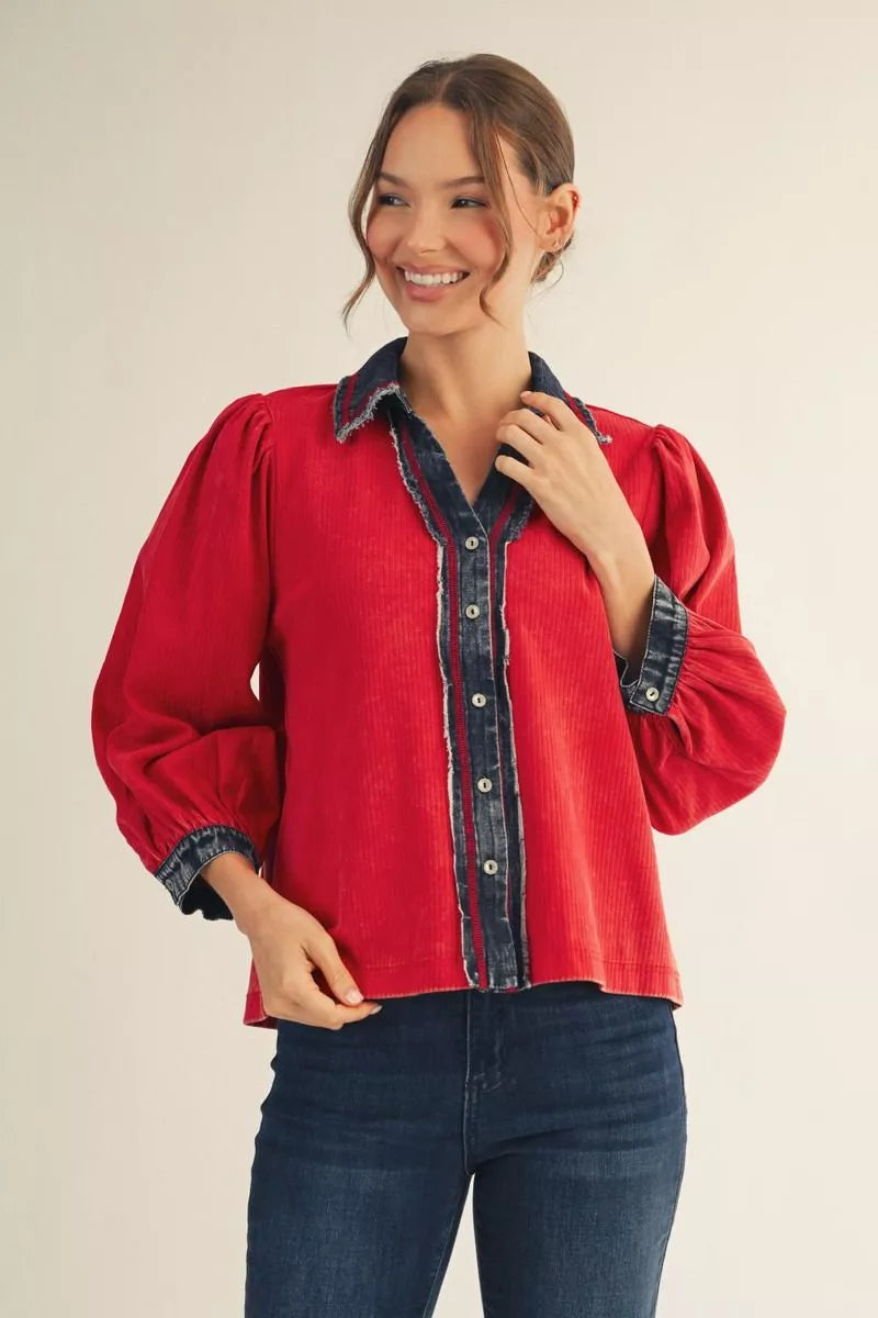 Red Denim Contrast Knit