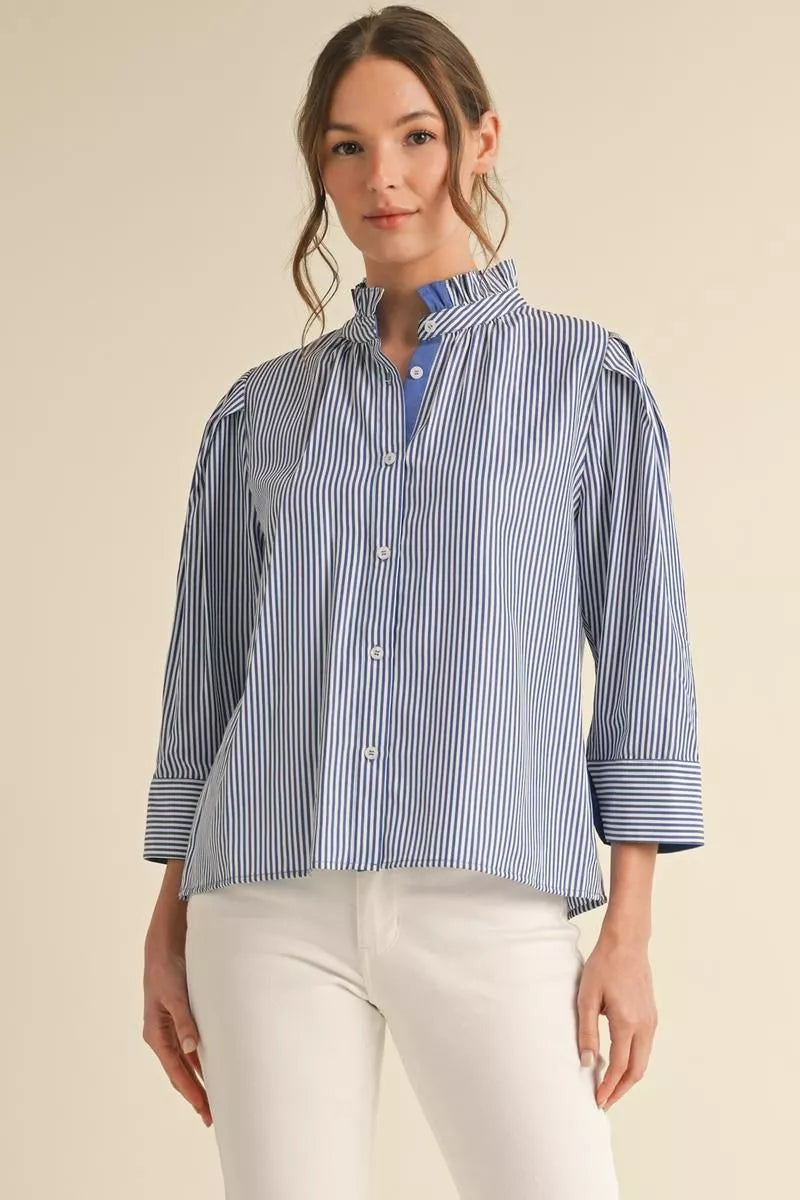 Blue Stripe Ruffled Collar