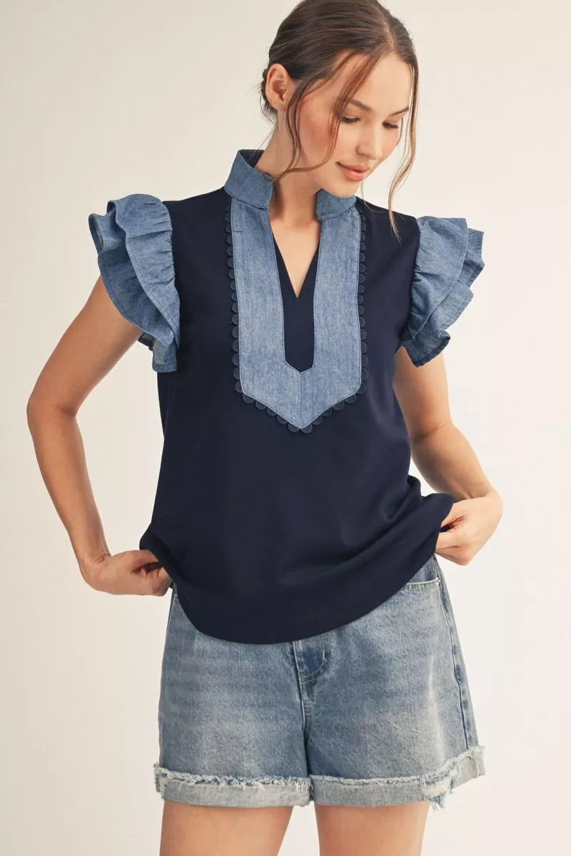 Navy & Denim Contrast Top