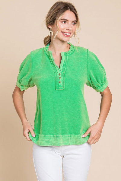 Green Washed Puff Sleeve