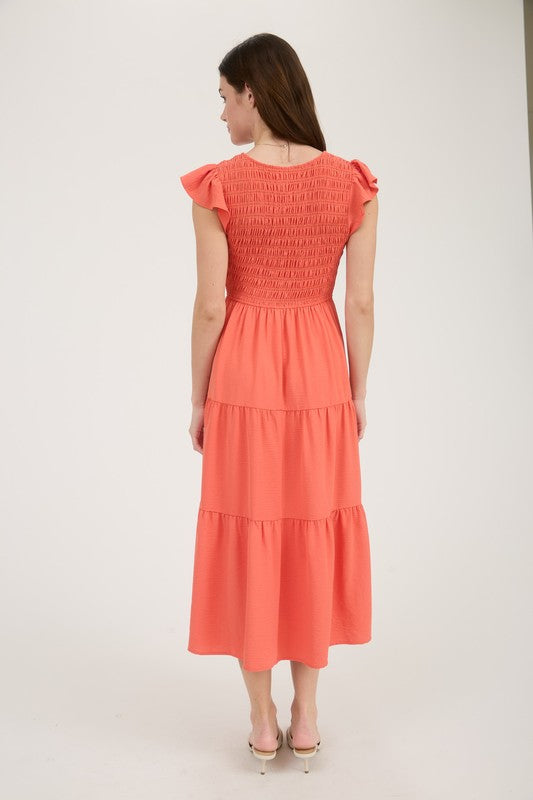Coral Flutter Sleeve Midi