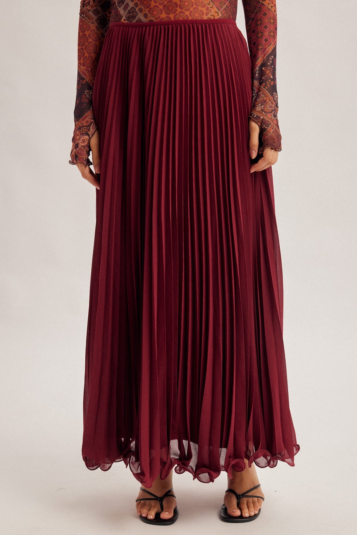 Wine Pleated Skirt
