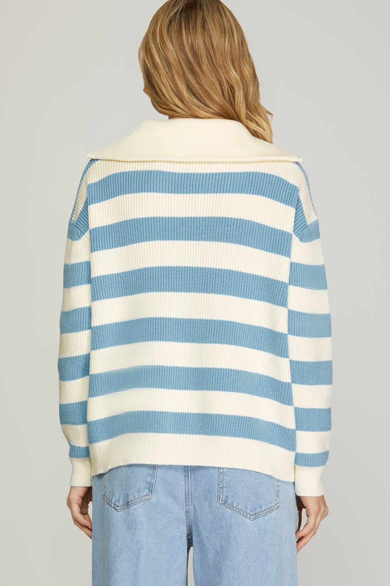 Blue Stripe Half Zip Sweater
