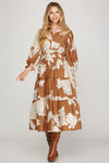 Caramel Floral Midi Dress