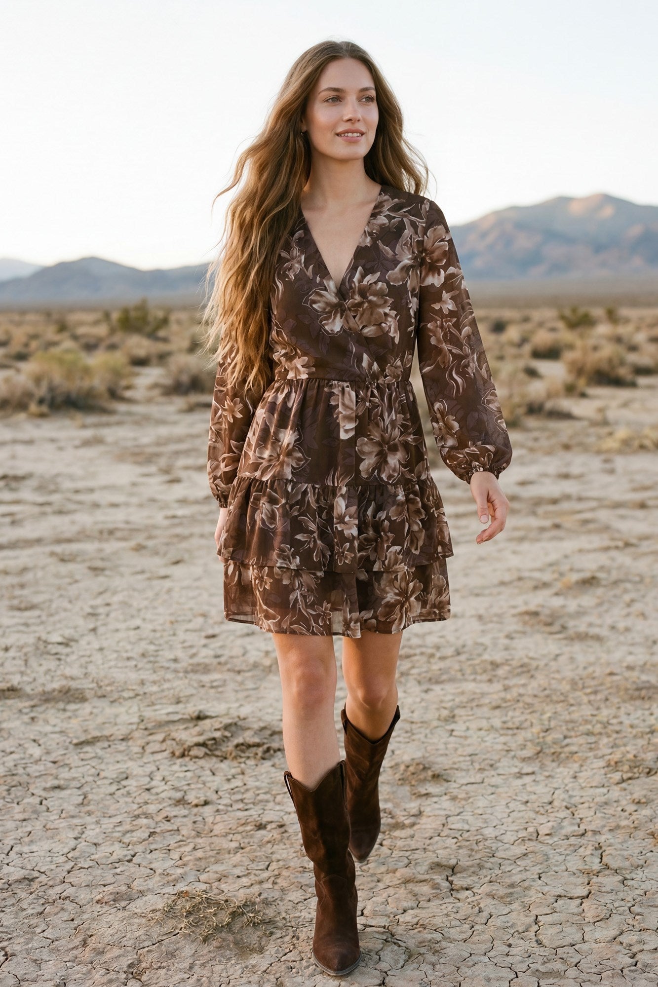 Mocha Floral Tiered Dress