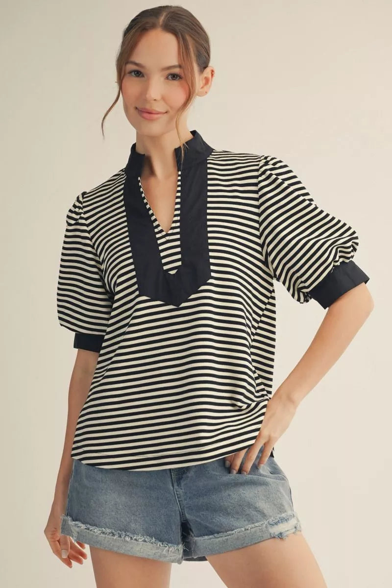 Black Stripe Puff Sleeve