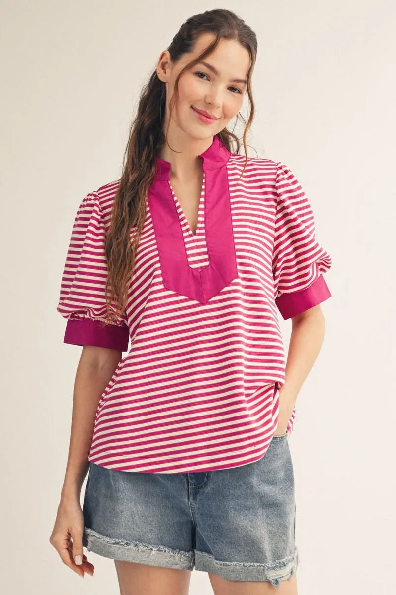 Magenta Stripe Puff Sleeve