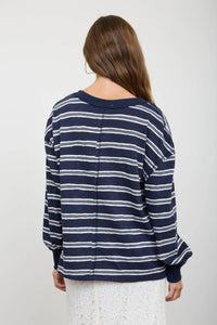 Navy Stripe V-Neck Drop Shoulder