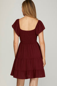 Burgundy Flutter Sleeve Dress