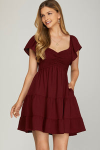 Burgundy Flutter Sleeve Dress