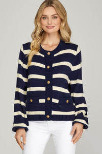 Navy Stripe Button Sweater