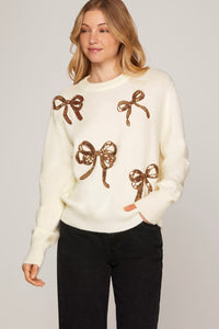 Cream Sequin Bow Sweater