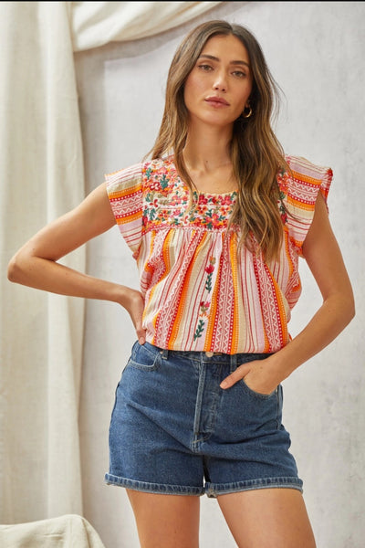 Orange & Pink Embroidery Top