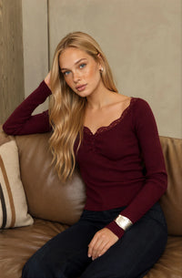 Burgundy Lace Henley Sweater