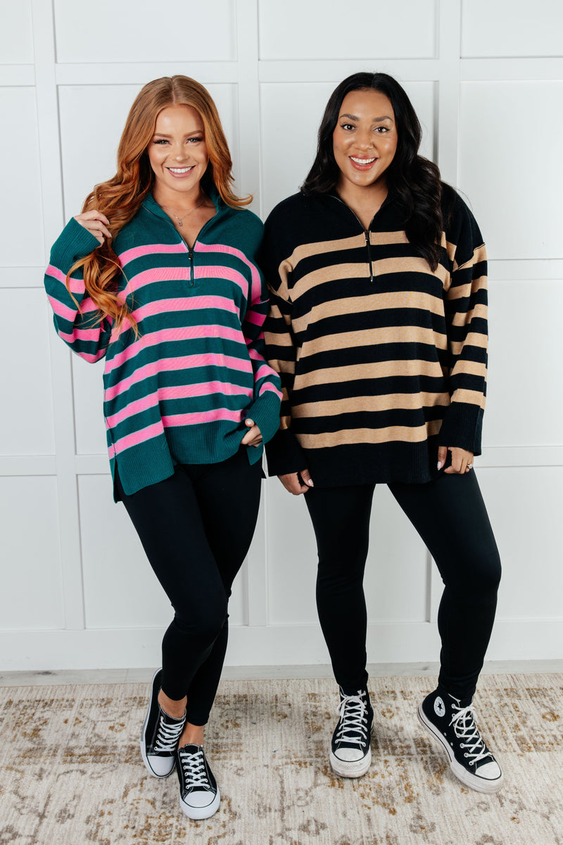 Well Situated Striped Quarter Zip Sweater in Green and Pink