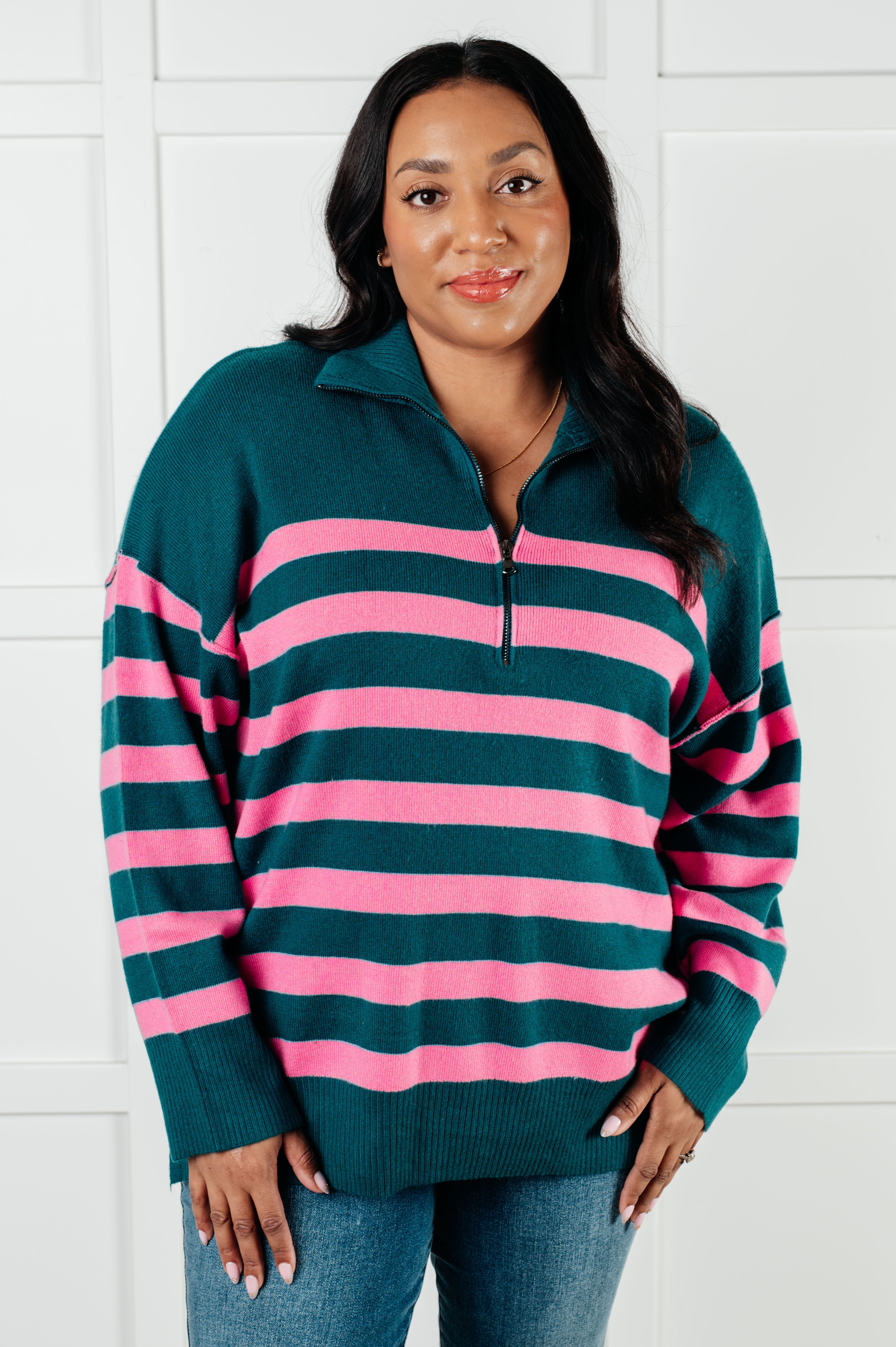 Well Situated Striped Quarter Zip Sweater in Green and Pink – The