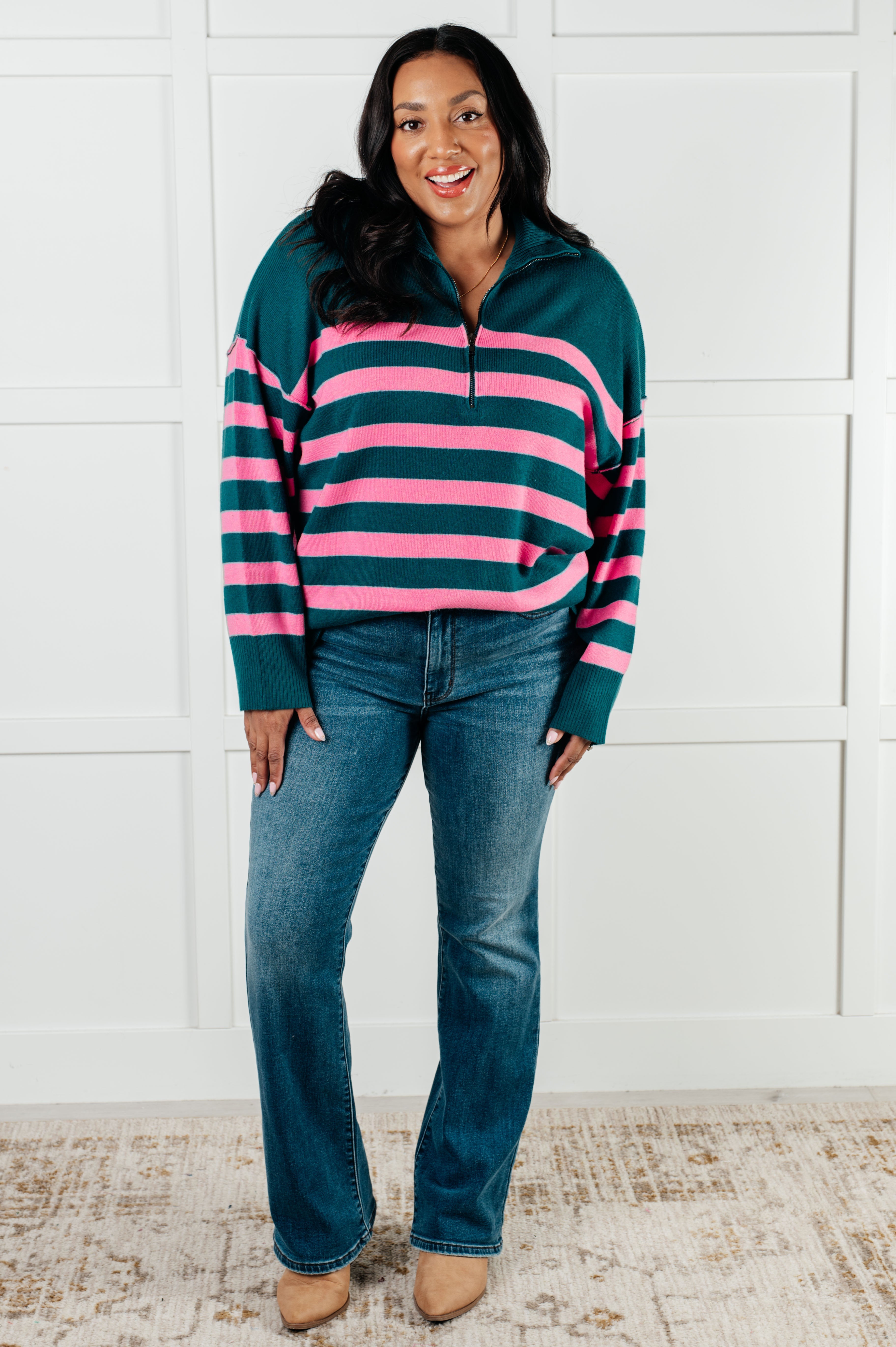 Well Situated Striped Quarter Zip Sweater in Green and Pink – The