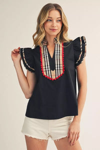 Black Plaid Contrast Top
