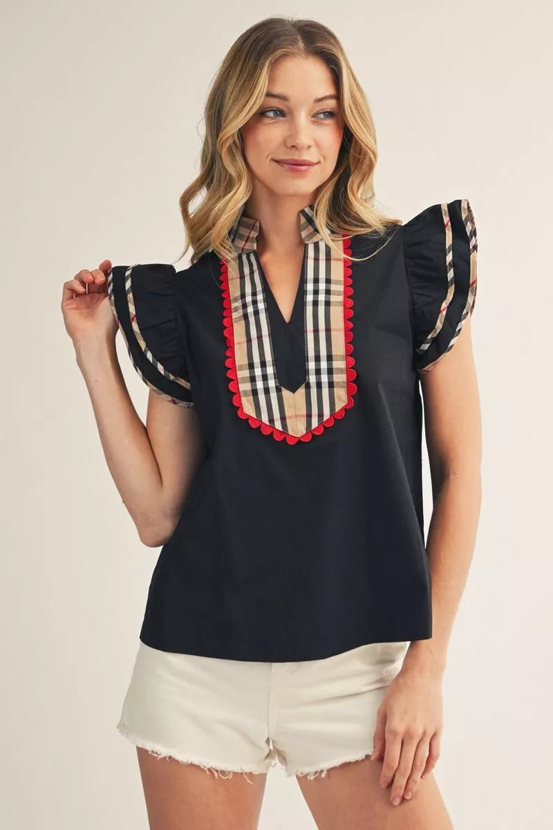 Black Plaid Contrast Top