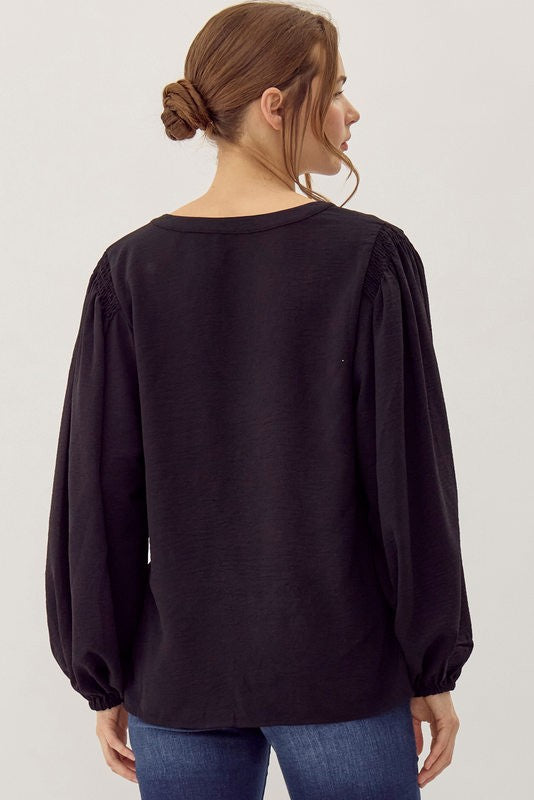 Black V-neck Bubble Sleeve