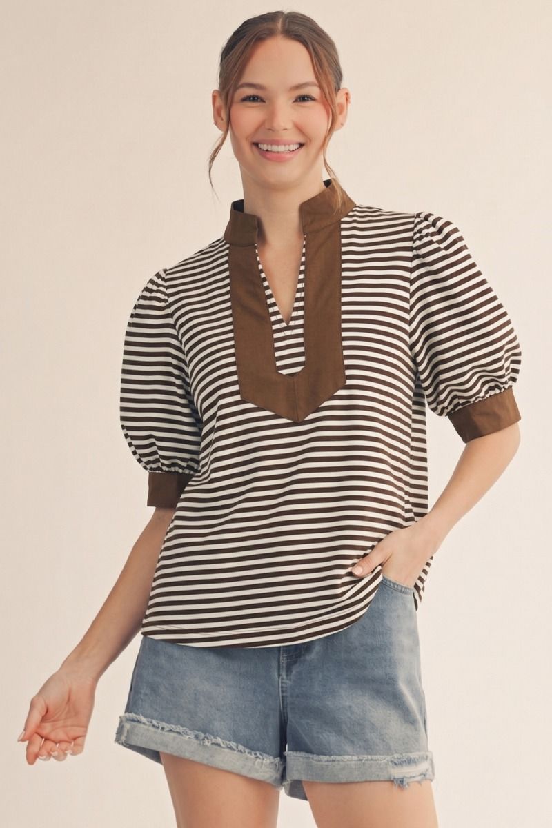 Brown Stripe Puff Sleeve