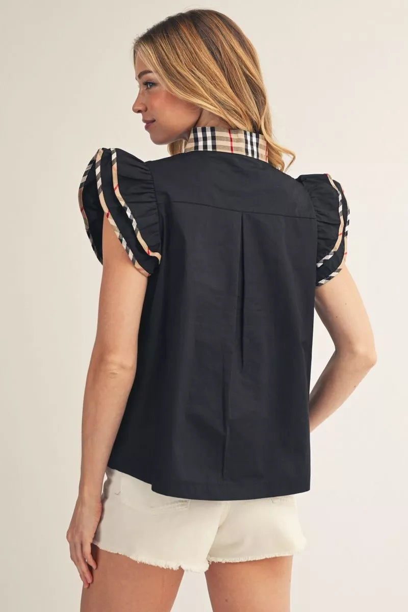 Black Plaid Contrast Top