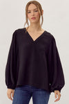 Black V-neck Bubble Sleeve