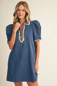 Denim & Leopard Puff Sleeve Dress
