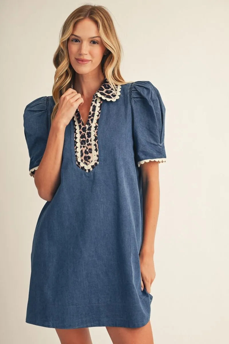 Denim & Leopard Puff Sleeve Dress