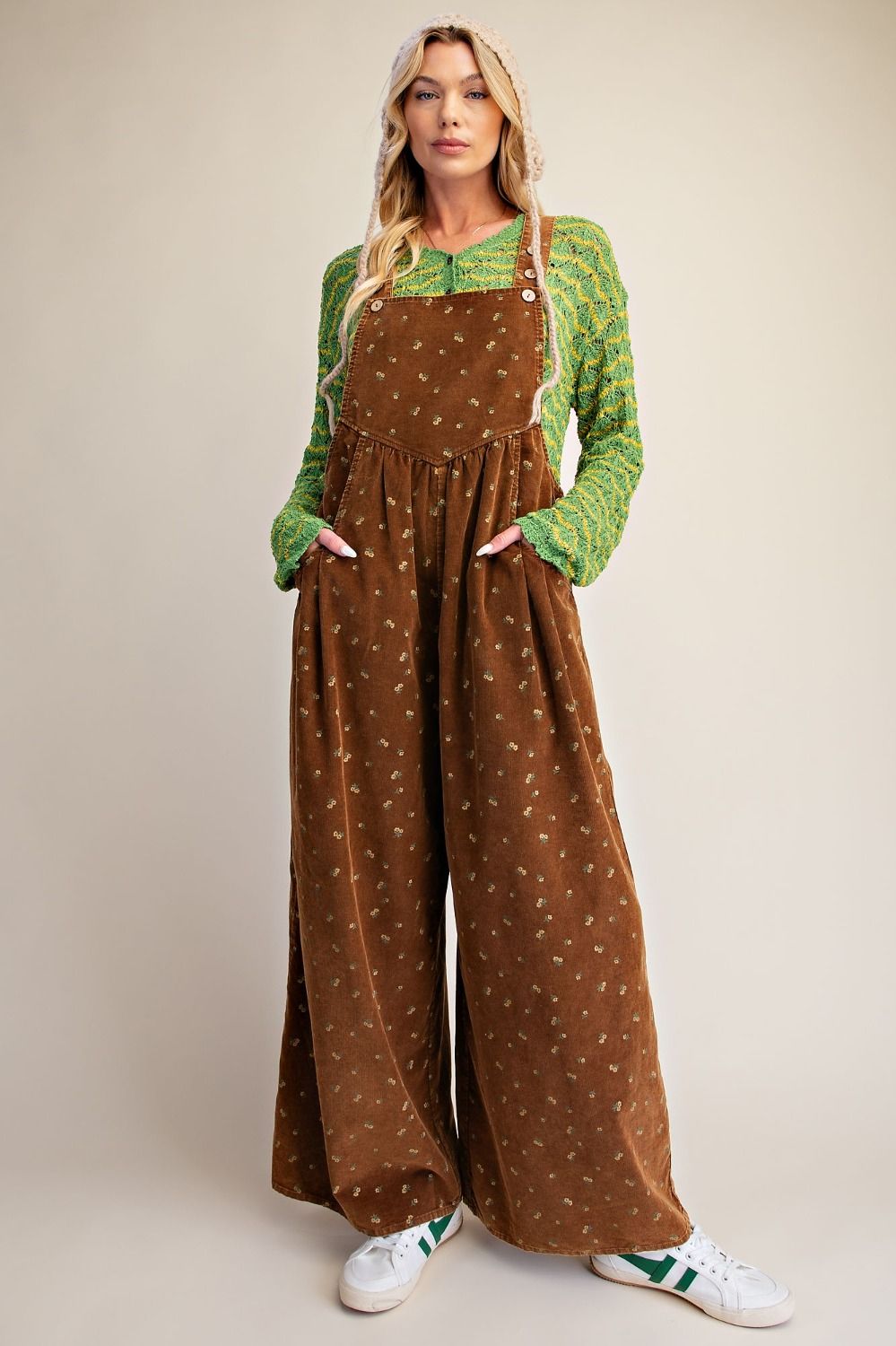 Brown Floral Corduroy Overall