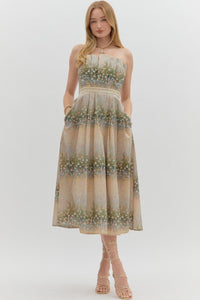 Floral Pleated Strapless Dress