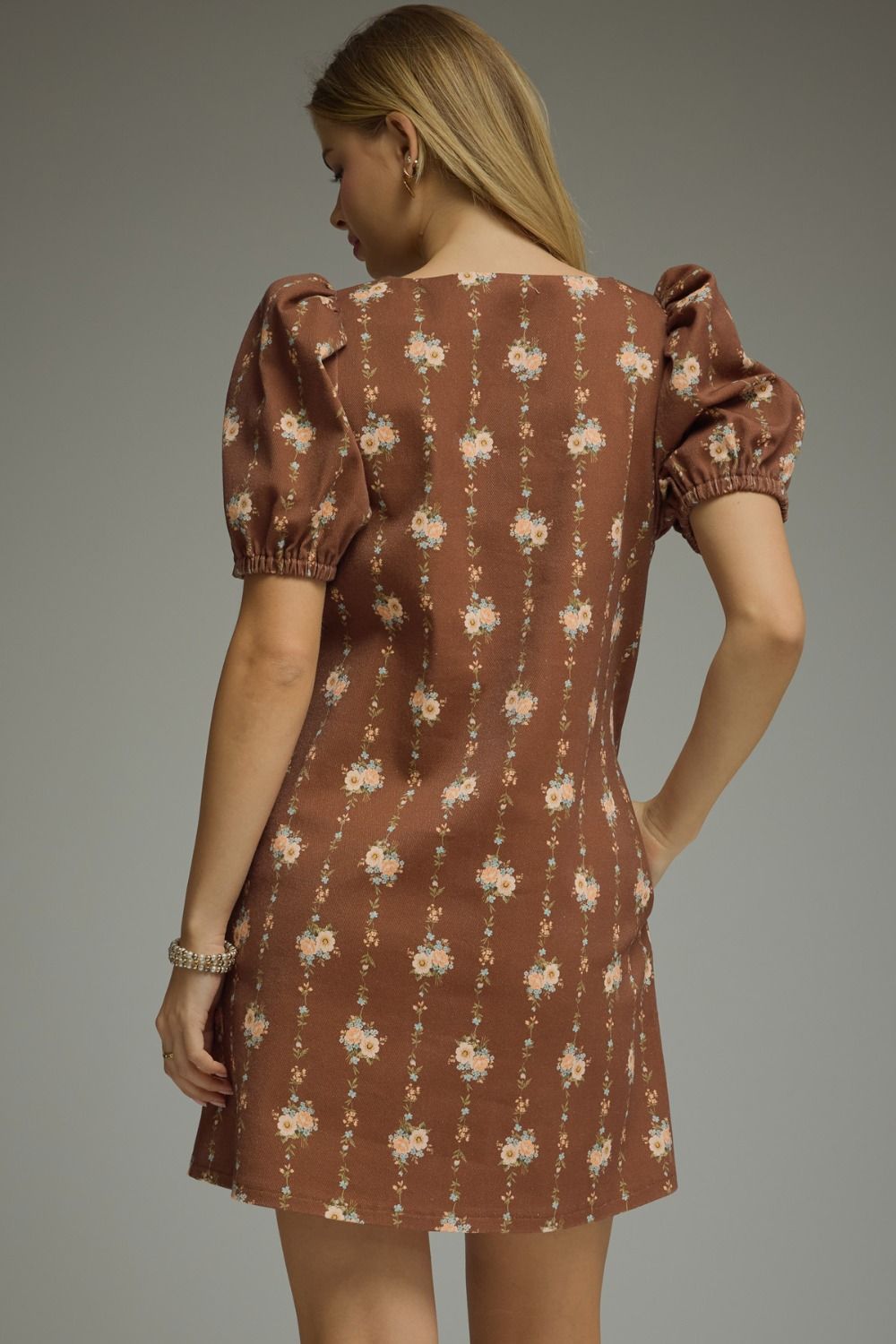 Brown Floral Square Neck Dress