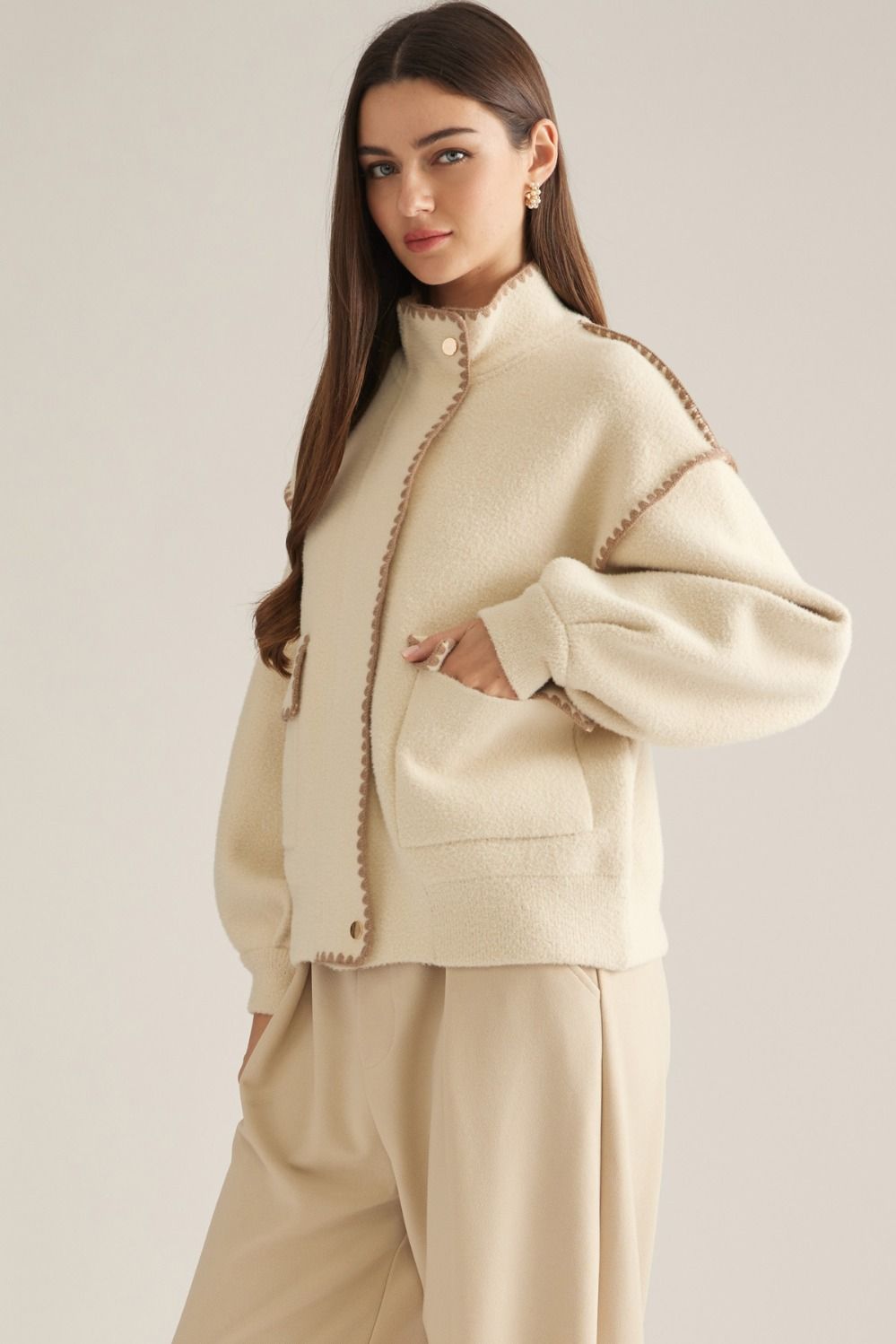 Cream Whipstitch Knit Jacket
