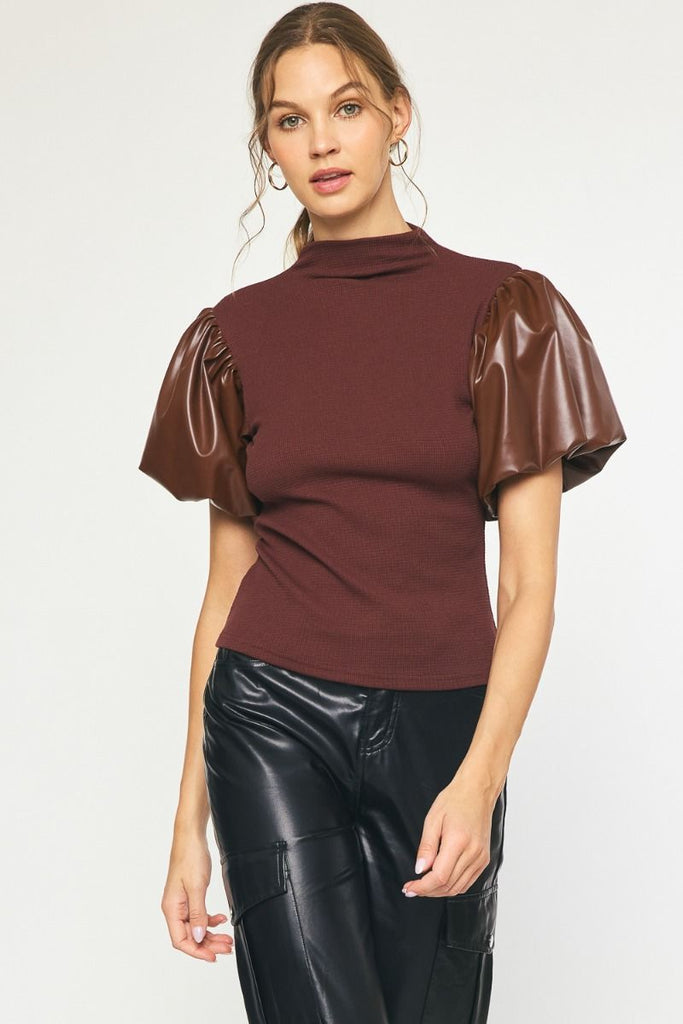 Brown Leather Puff Sleeve
