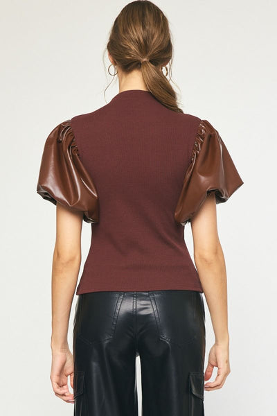 Brown Leather Puff Sleeve