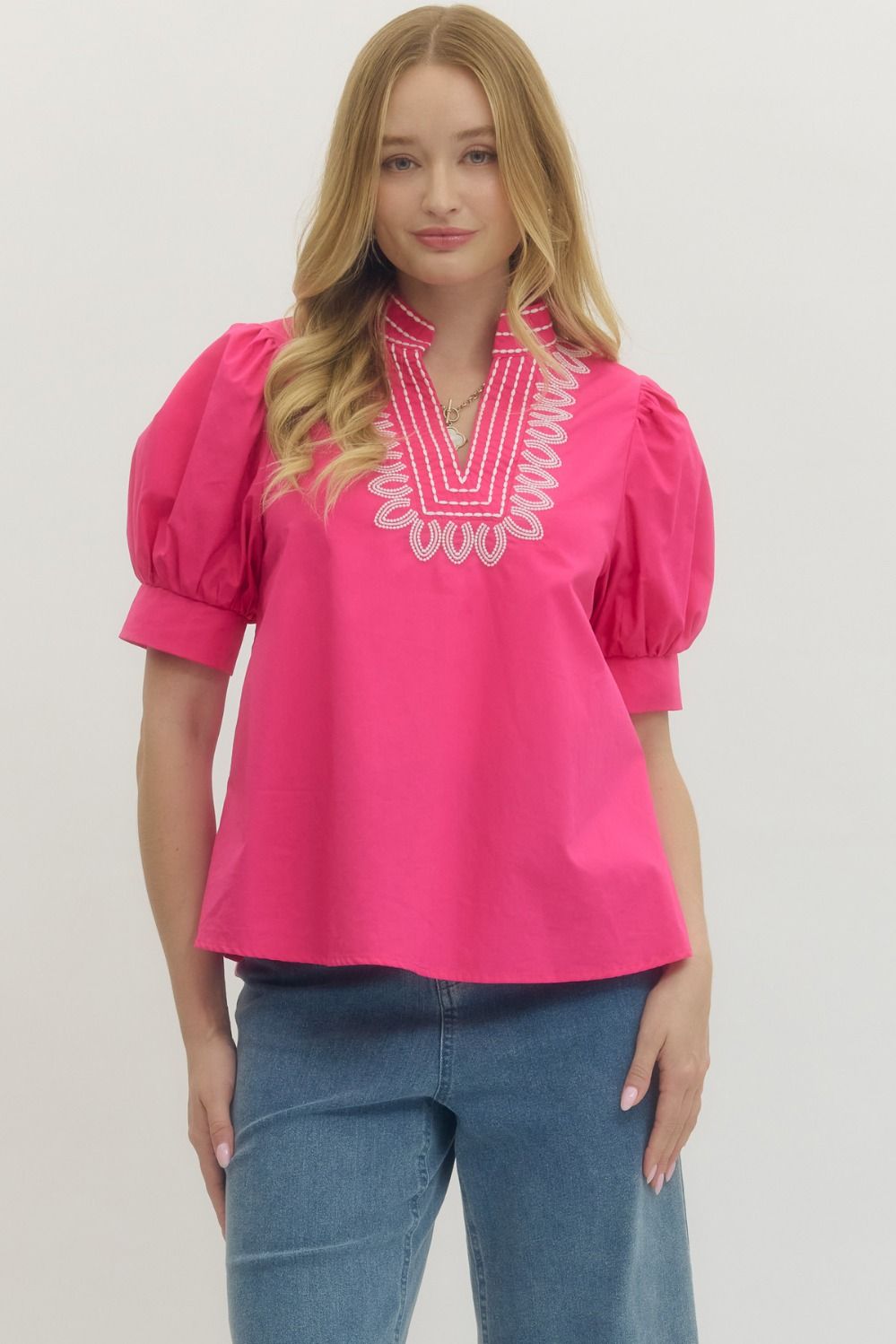 Pink Embroidered V-Neck