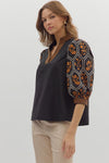 Black & Rust Embroidered Top
