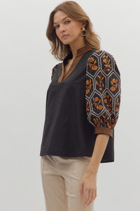 Black & Rust Embroidered Top