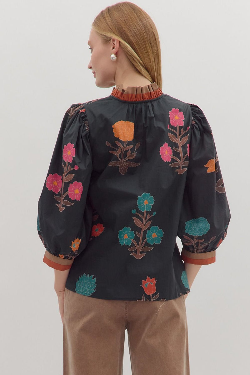 Black Floral Contrast Trim