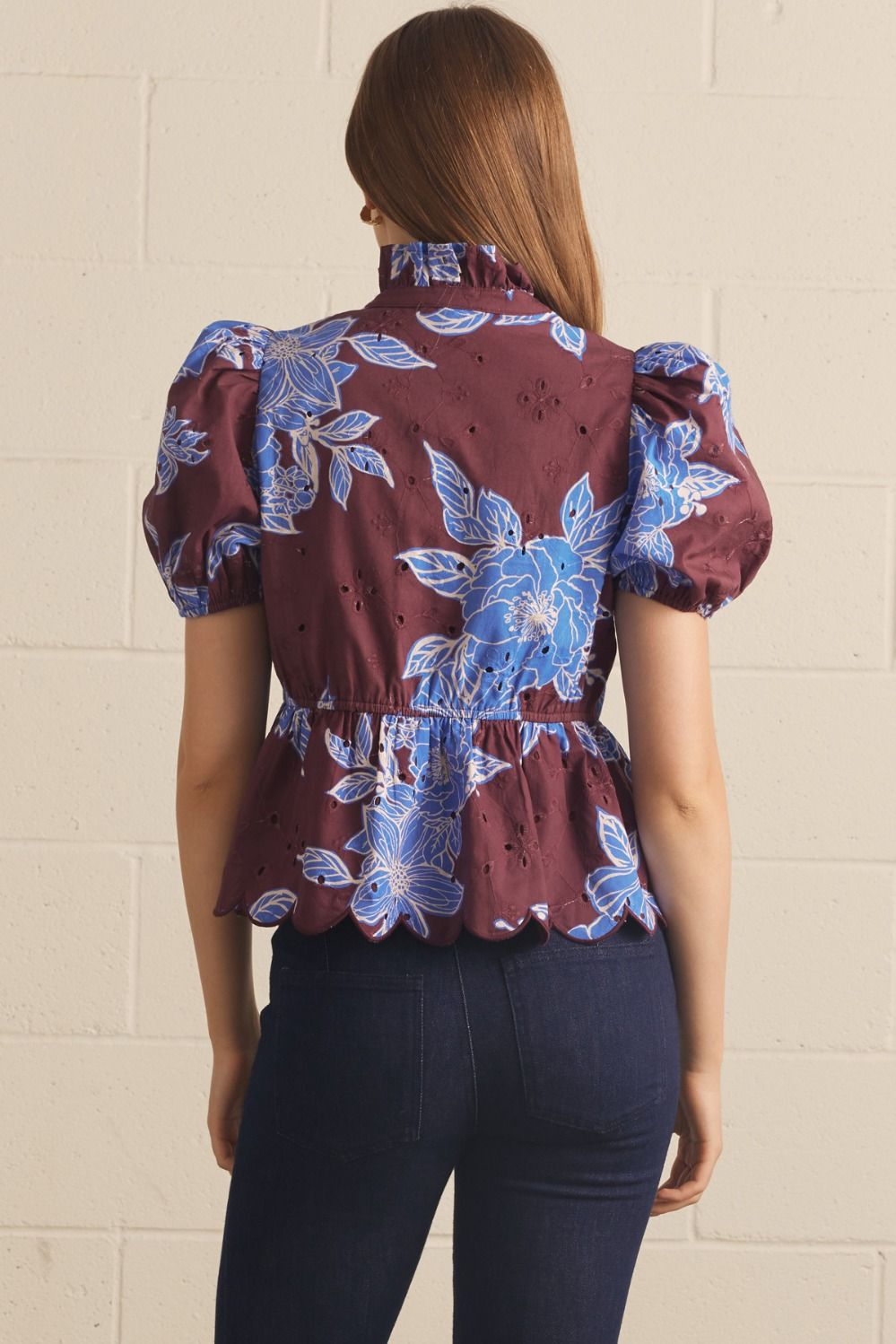 Wine Floral Eyelet Top