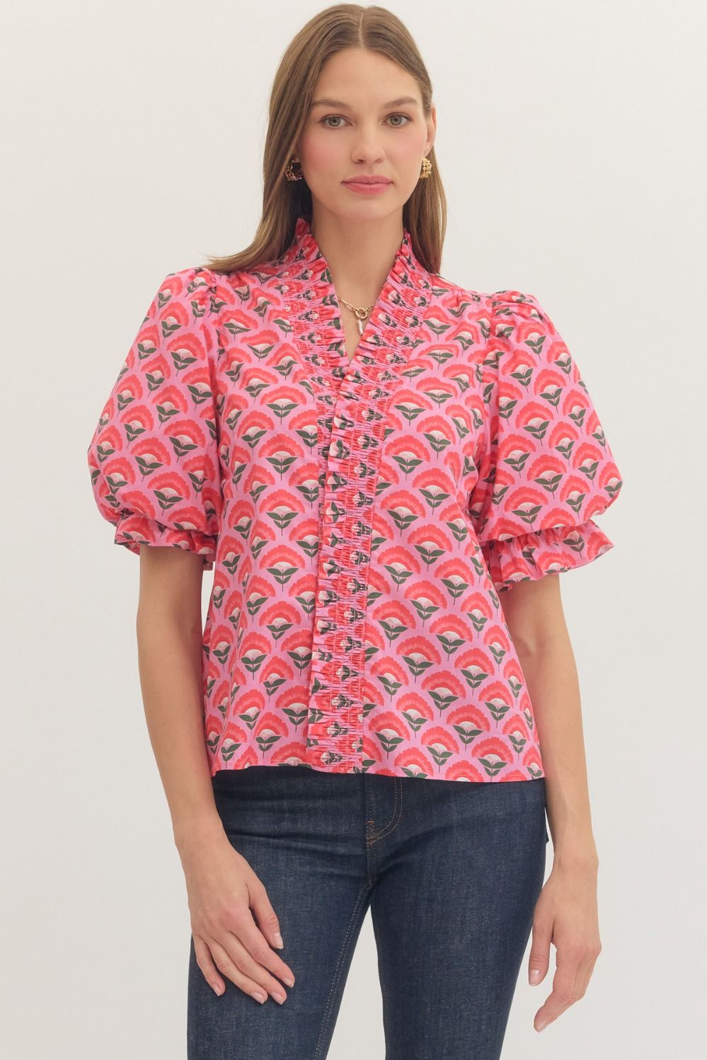 Pink Palms Ruffle Top