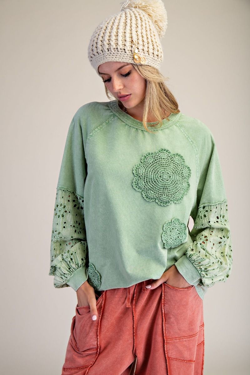 Green Eyelet Pullover