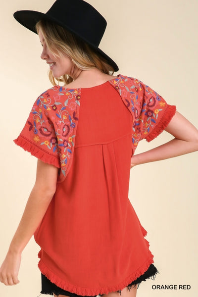 Orange Red Embroidery Top