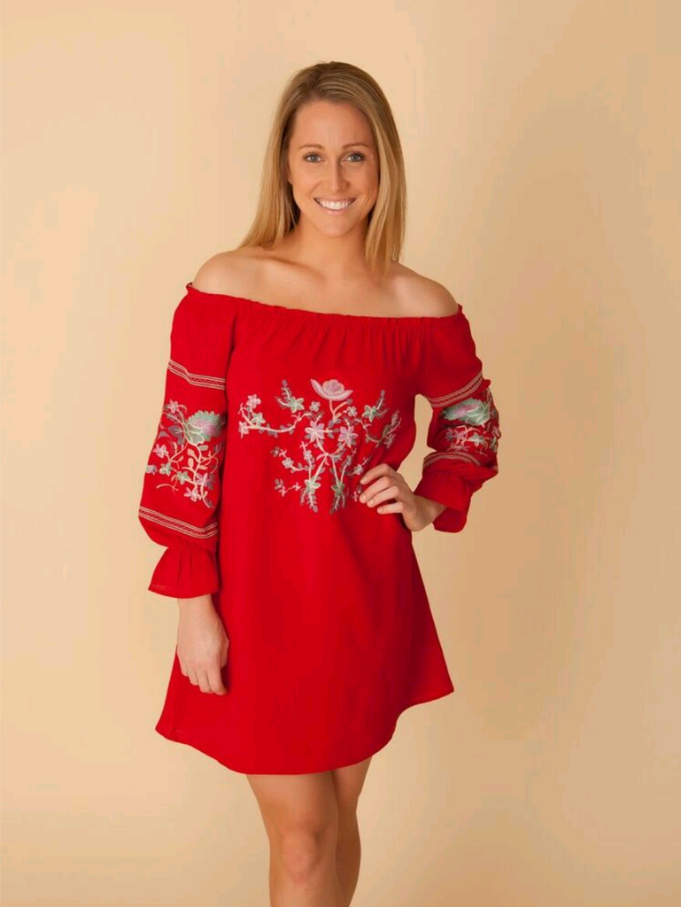 Red Floral Off Shoulder Dress