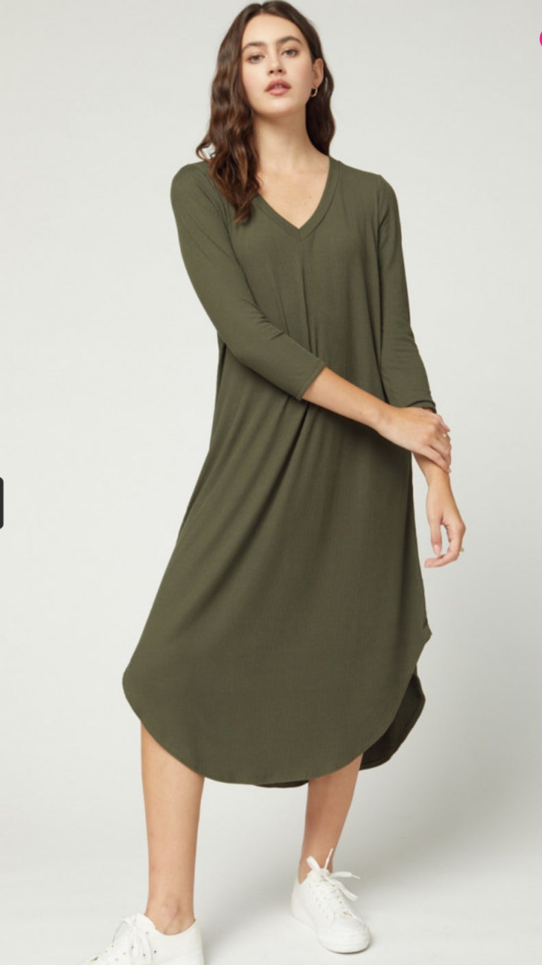 Olive Ribbed Midi Dress