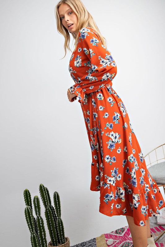 Rust Floral Wrap Dress